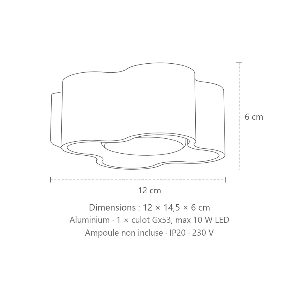 Dimensions : applique murale nuage aux courbes douces (GX53), 12 × 14,5 × 6 cm