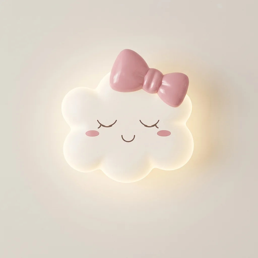 Applique murale nuage endormi à nœud rose, modèle A, allumée