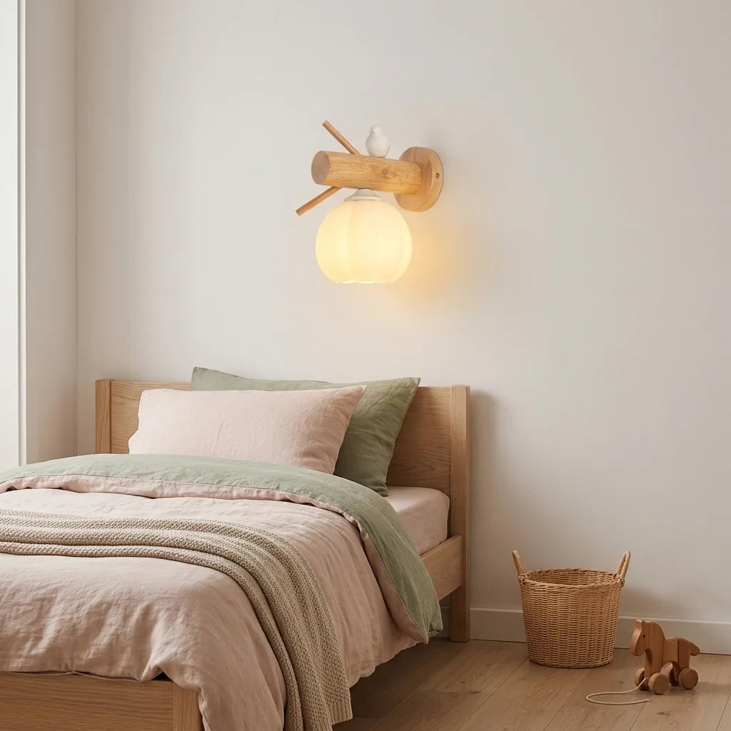 Applique branche en bois avec oiseau allumée au-dessus d'un lit d'enfant