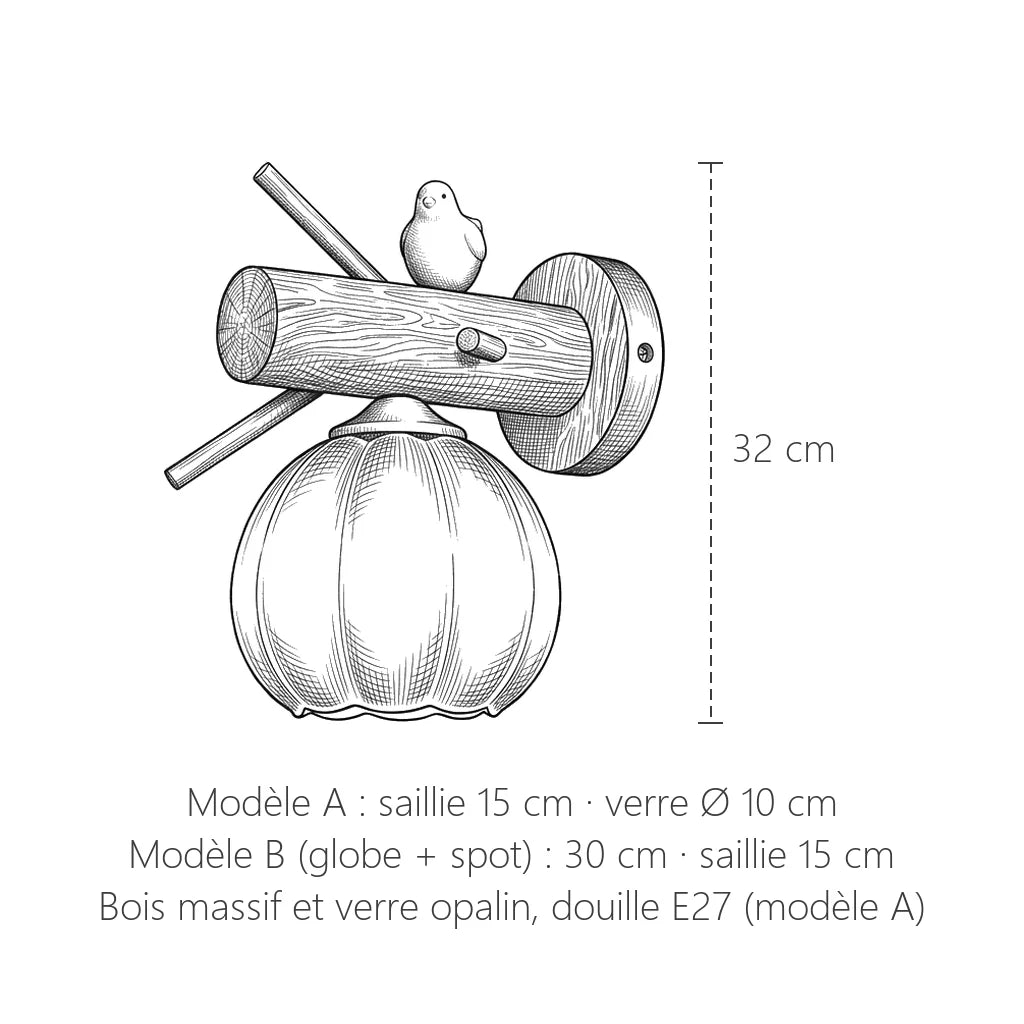 Dimensions de l'applique branche en bois modèle A : 32 cm, saillie 15 cm