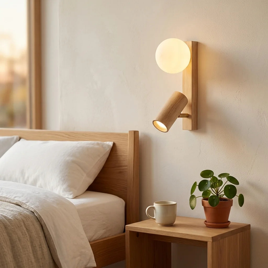Applique en bois globe et spot allumée au-dessus d'une table de chevet