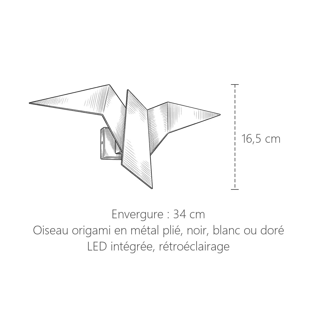 Dimensions de l'applique oiseau origami : 34 x 16,5 cm
