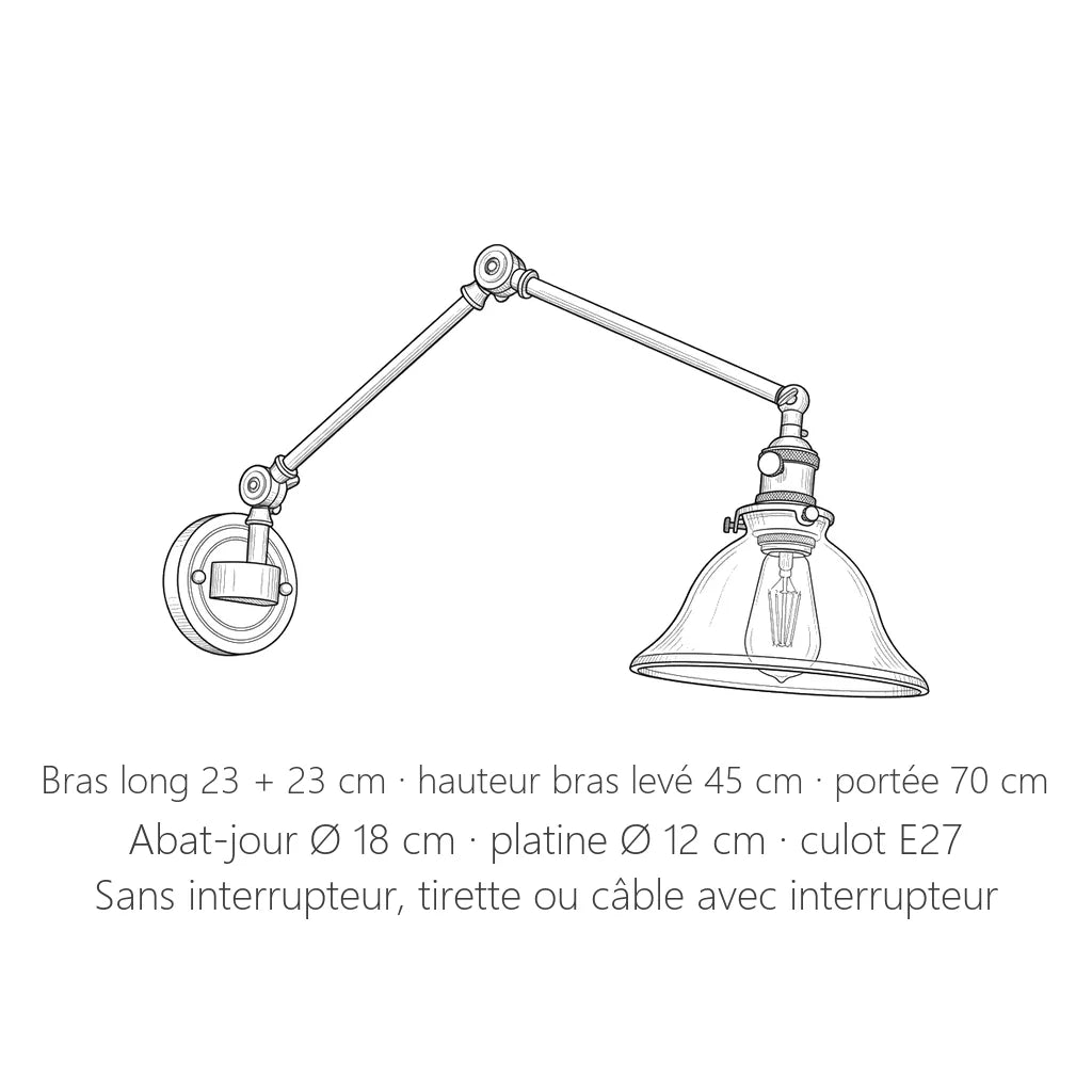 Dimensions de l'applique orientable en laiton : 45 cm de haut, abat-jour Ø 18 cm