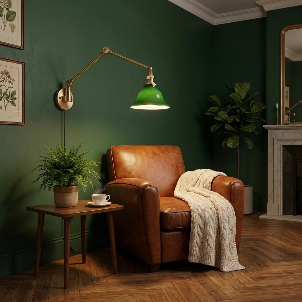 Applique en verre vert en liseuse au-dessus d'un fauteuil en cuir