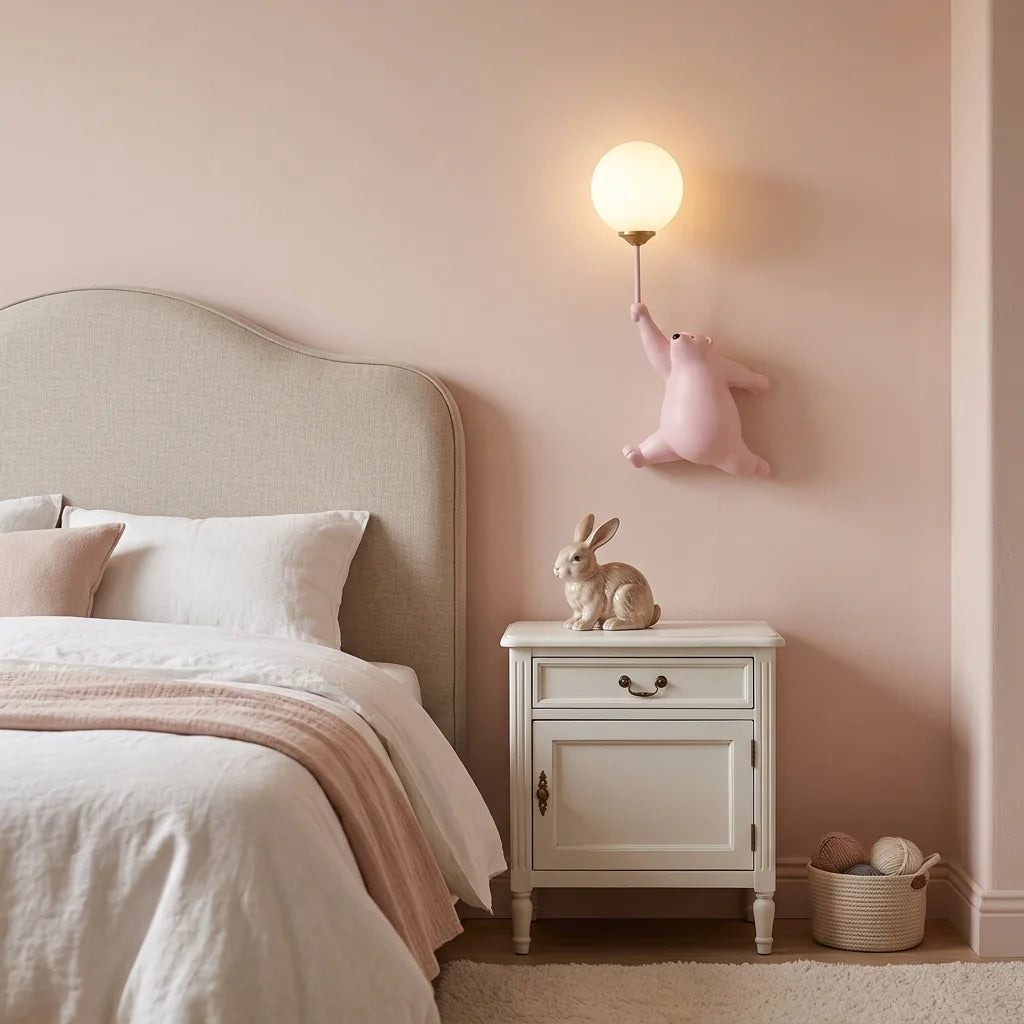 Applique ours polaire rose allumée près d'un lit dans une chambre rose