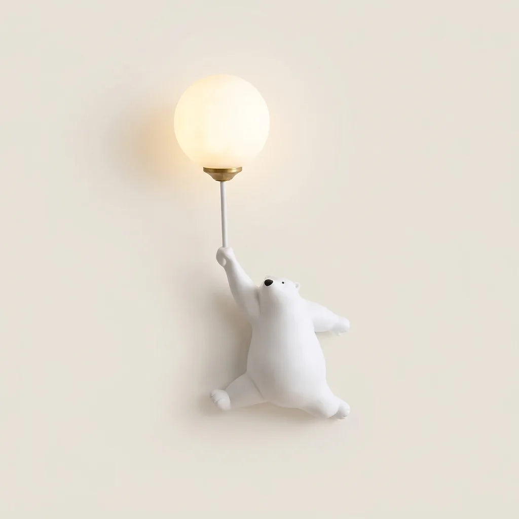 Applique murale ours polaire blanc tenant un ballon lumineux, style A, allumée