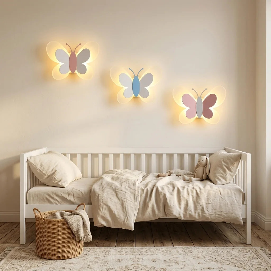 Trois appliques papillon allumées au-dessus d'un lit d'enfant blanc