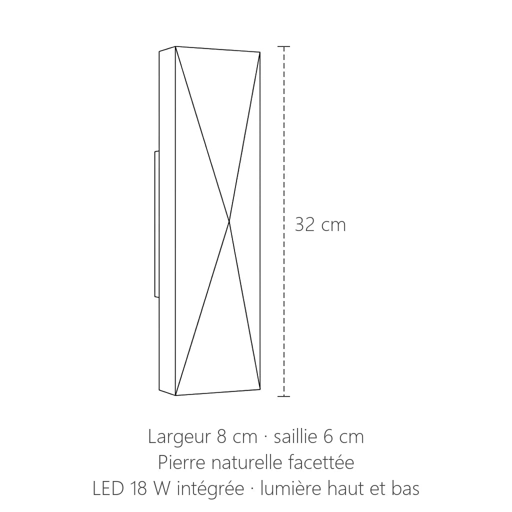 Dimensions de l'applique en pierre facettée : 32 cm de haut, 8 cm de large, saillie 6 cm