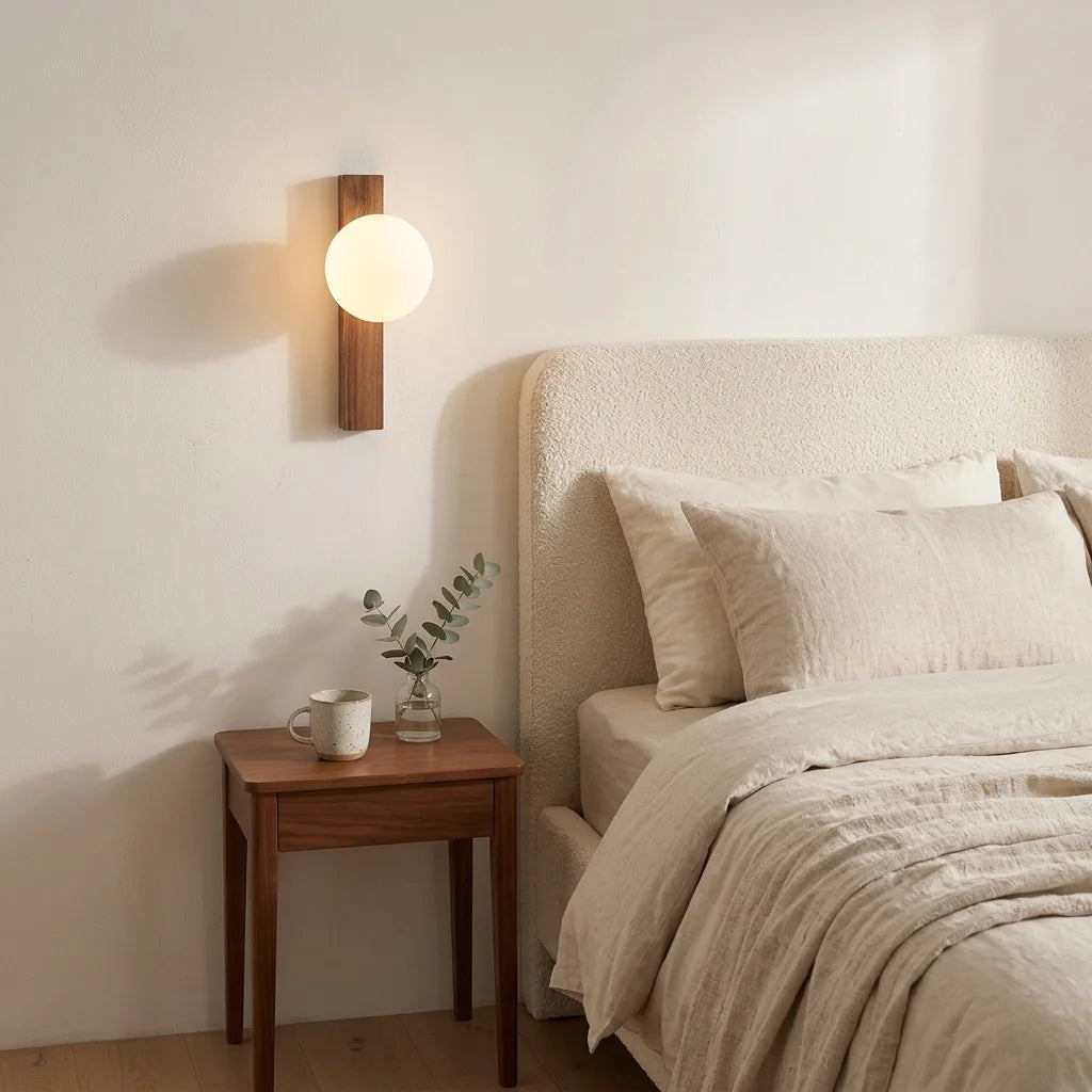 Applique planche en noyer au-dessus d'une table de chevet, chambre scandinave