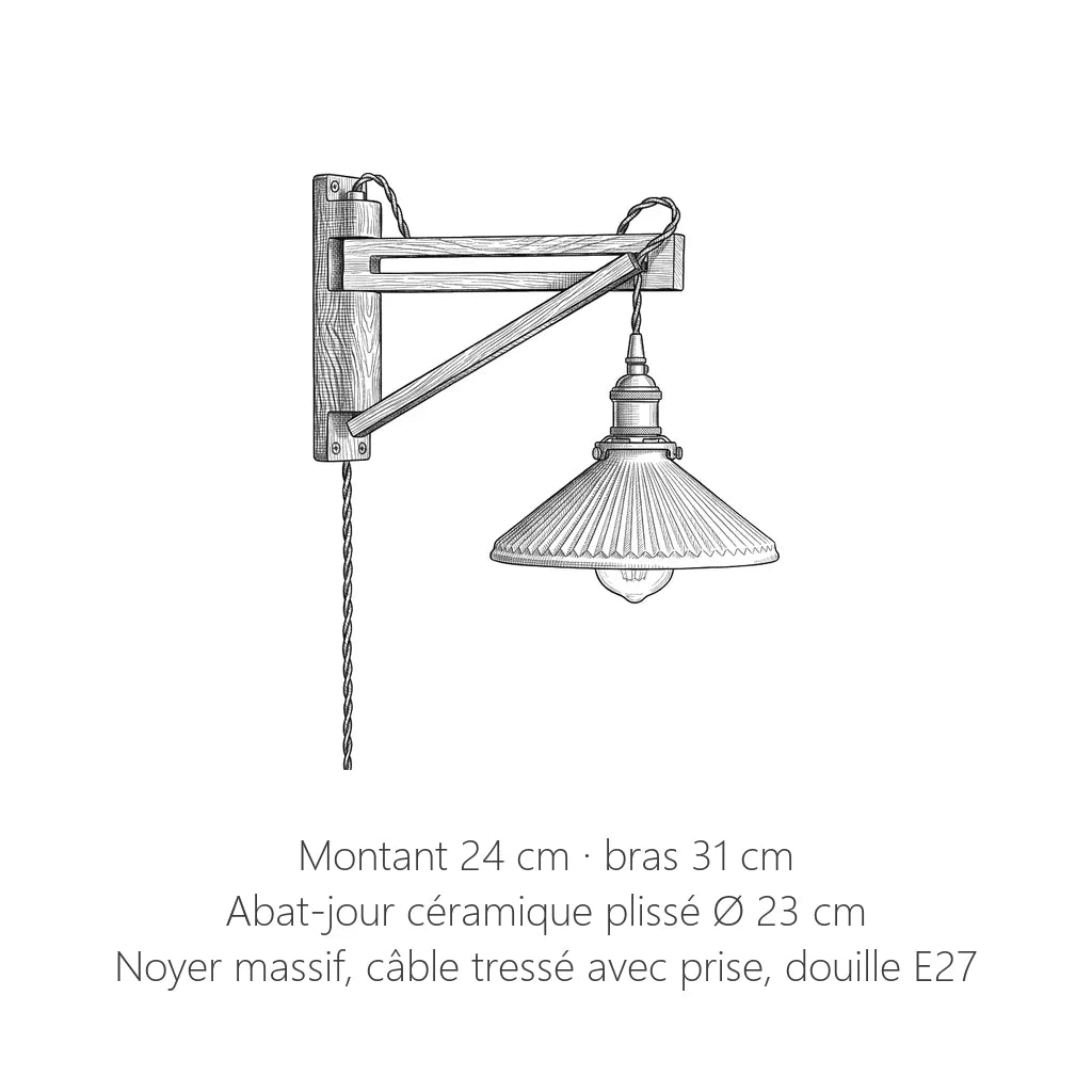 Dimensions de l'applique potence en noyer : montant 24 cm, bras 31 cm, abat-jour Ø 23 cm