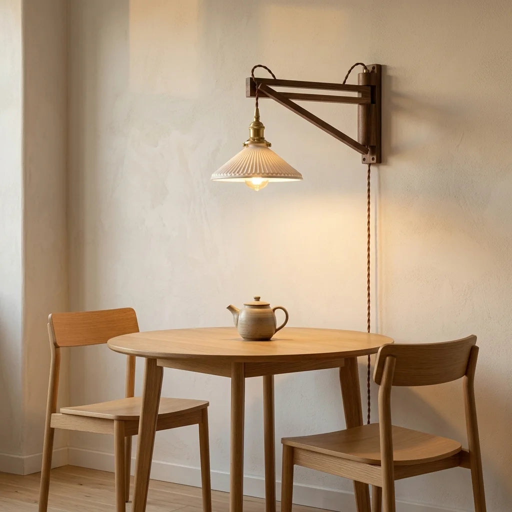 Applique potence en noyer allumée au-dessus d'une table ronde en chêne