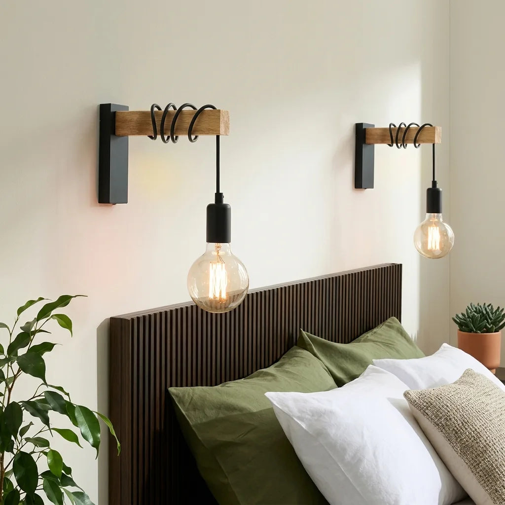 Paire d'appliques poutre en bois au-dessus d'une tête de lit rainurée