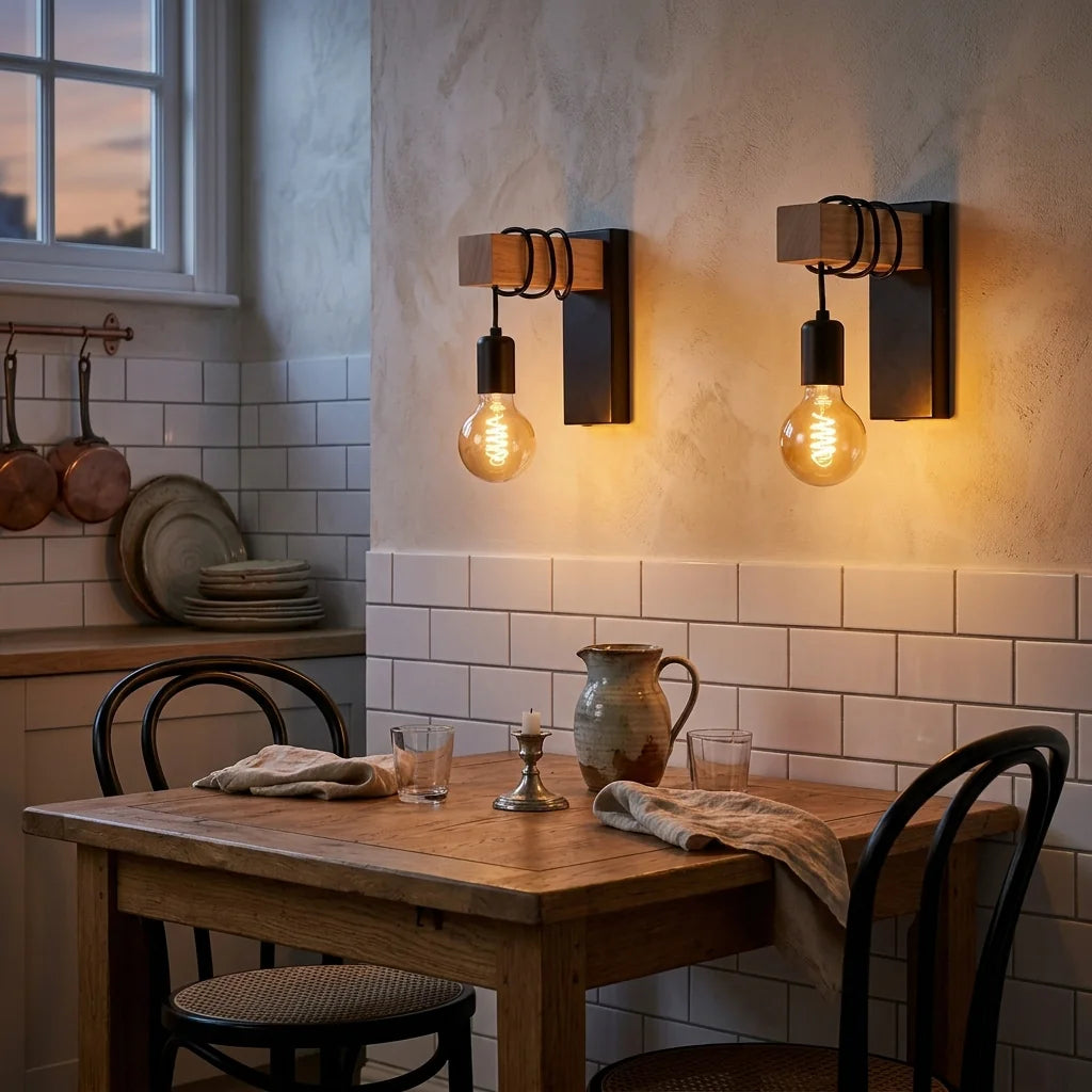 Deux appliques poutre en bois au-dessus d'une table de bistrot