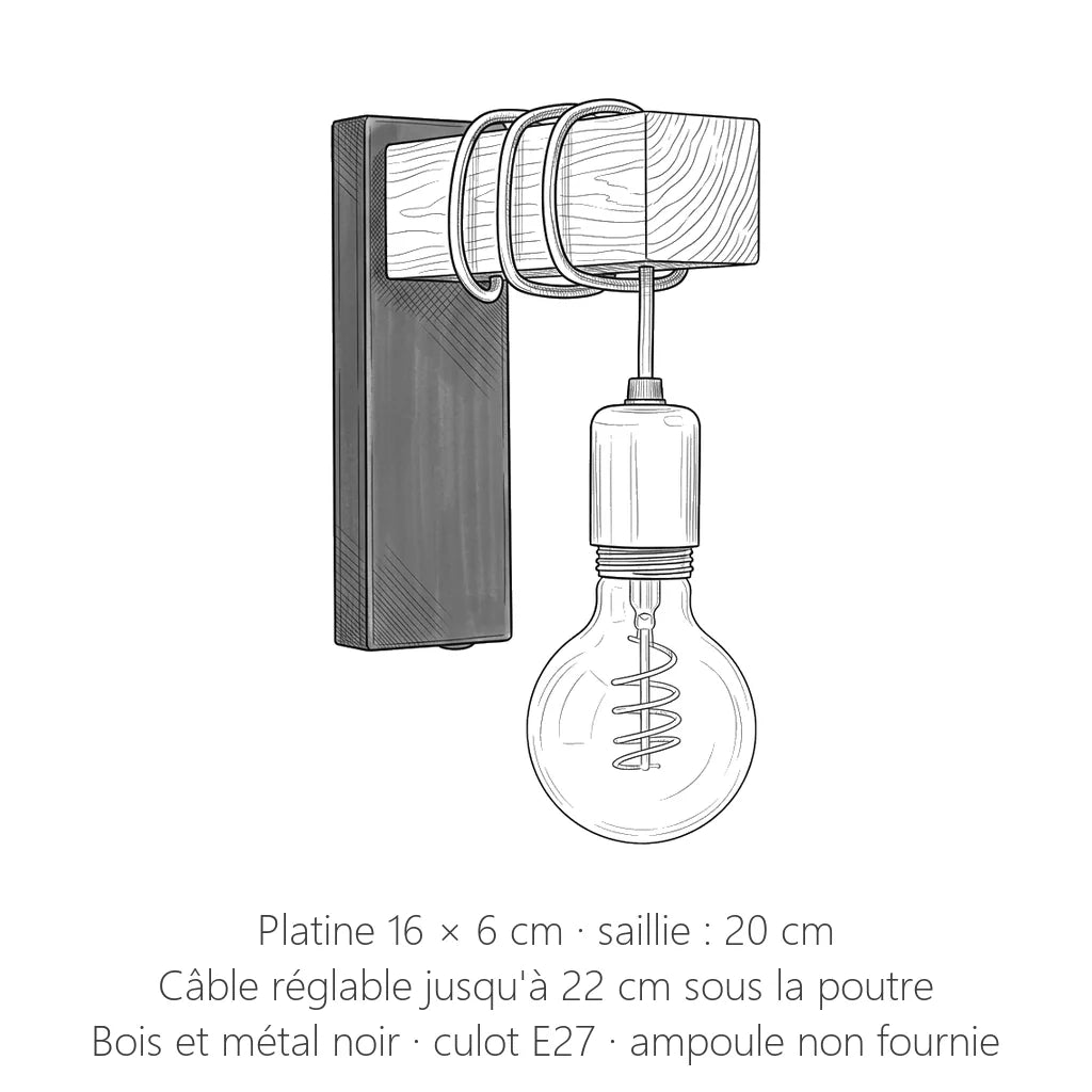 Dimensions de l'applique poutre en bois : 16 cm de haut, 20 cm de saillie
