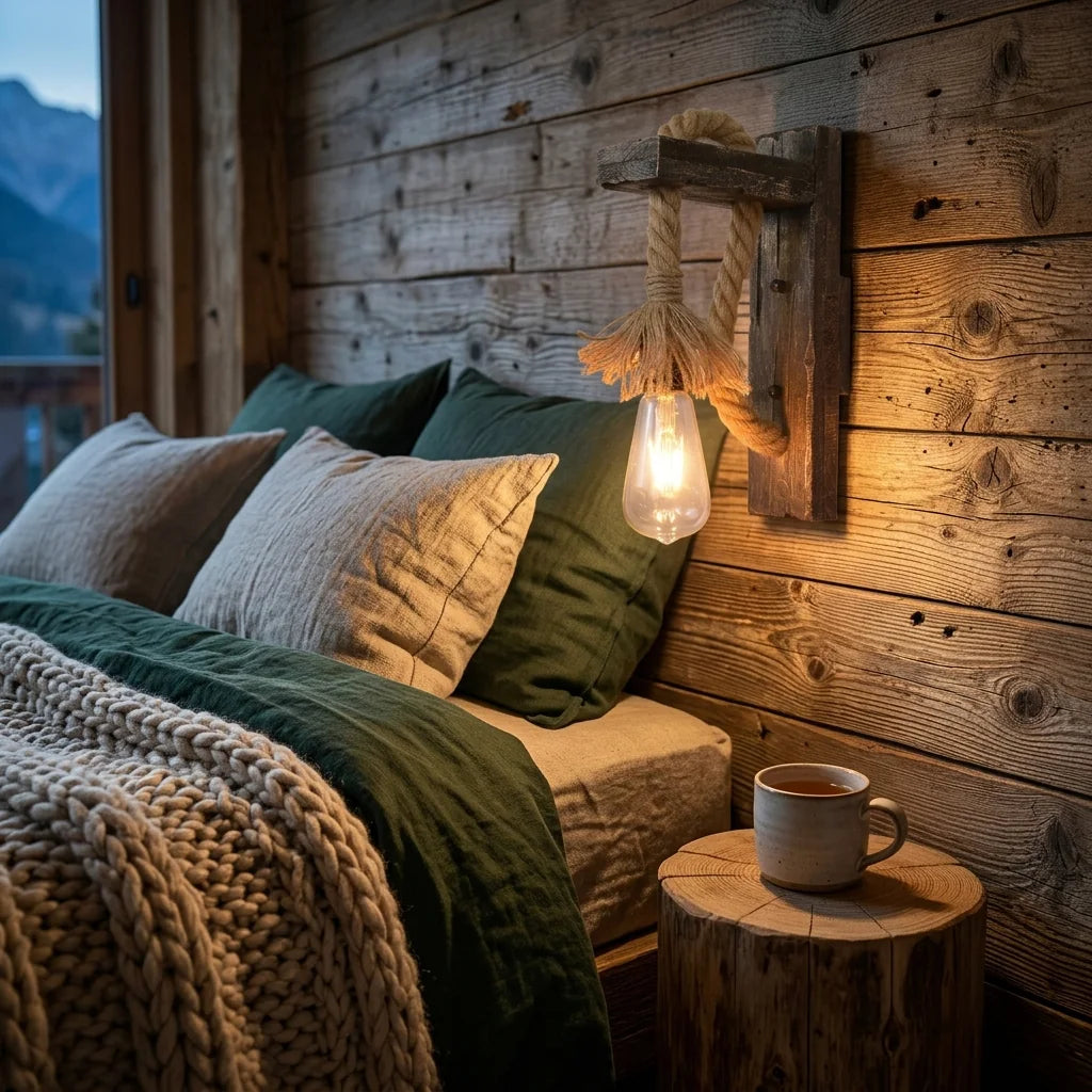 Applique poutre et corde de chanvre au-dessus d'une table de chevet de chalet