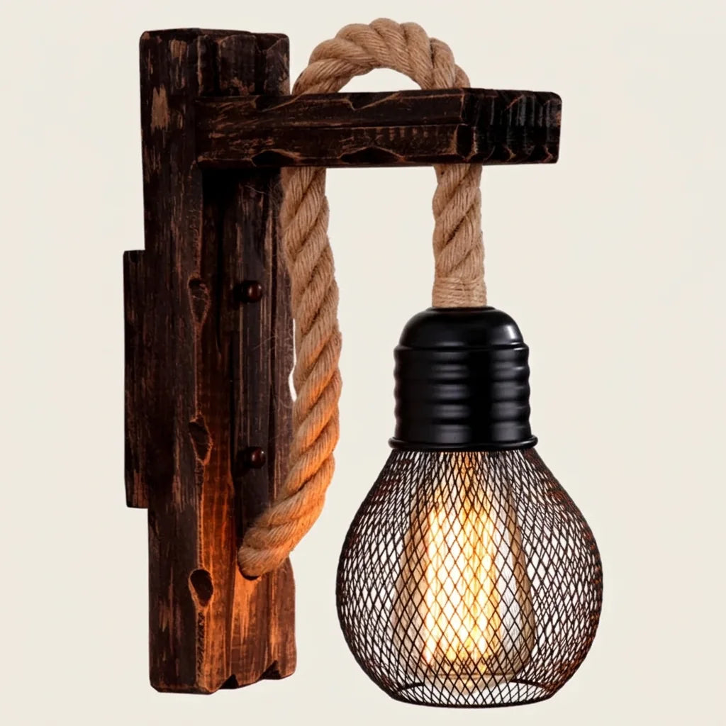 Applique murale vintage en poutre de bois et corde de chanvre avec cage noire, style A, allumée
