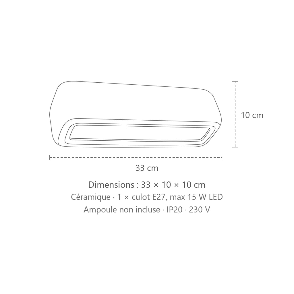 Dimensions : applique murale rectangulaire arrondie en céramique, 33 × 10 × 10 cm