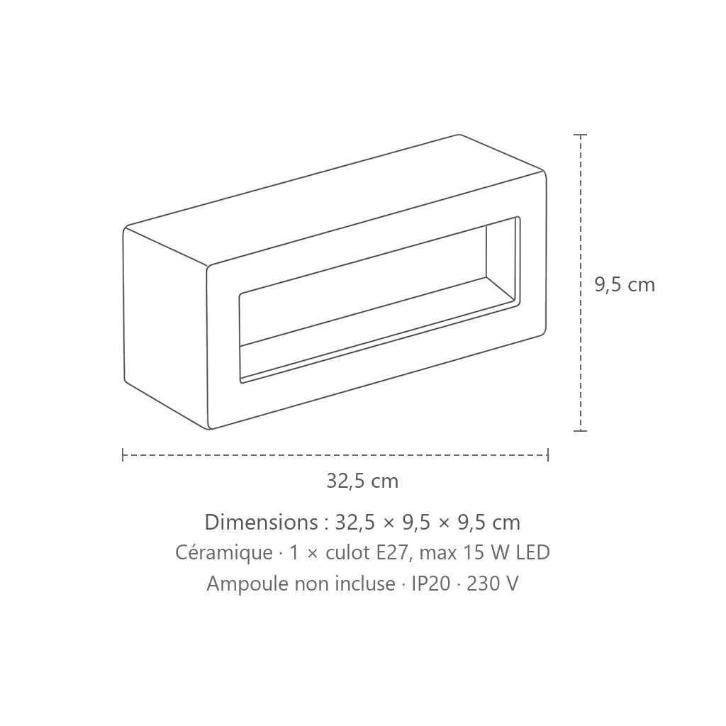 Dimensions : applique murale rectangulaire céramique à rainure lumineuse, 32,5 × 9,5 × 9,5 cm