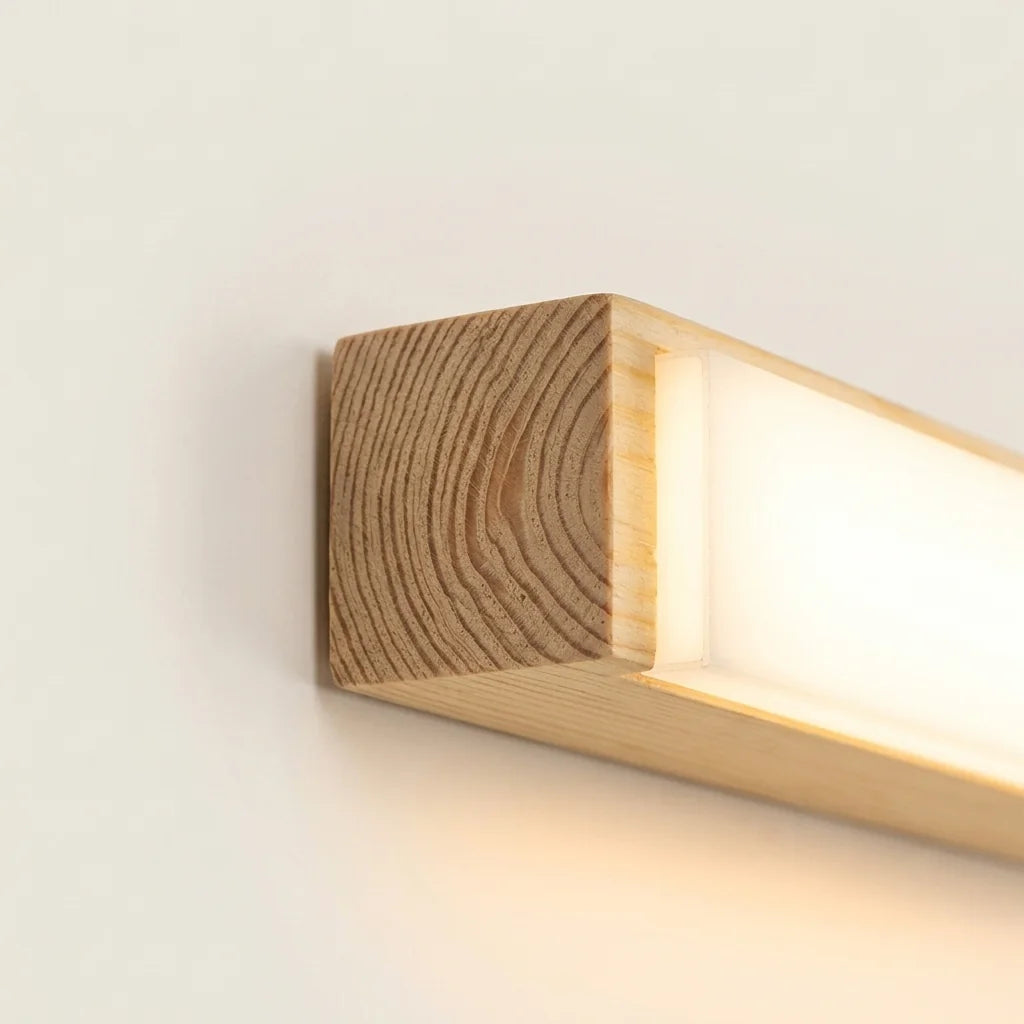 Bout de la réglette en bois massif et diffuseur LED vus de près