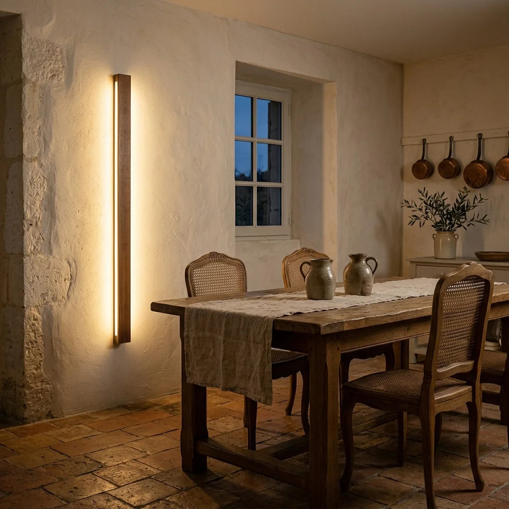 Réglette en noyer posée à la verticale dans une salle à manger en pierre