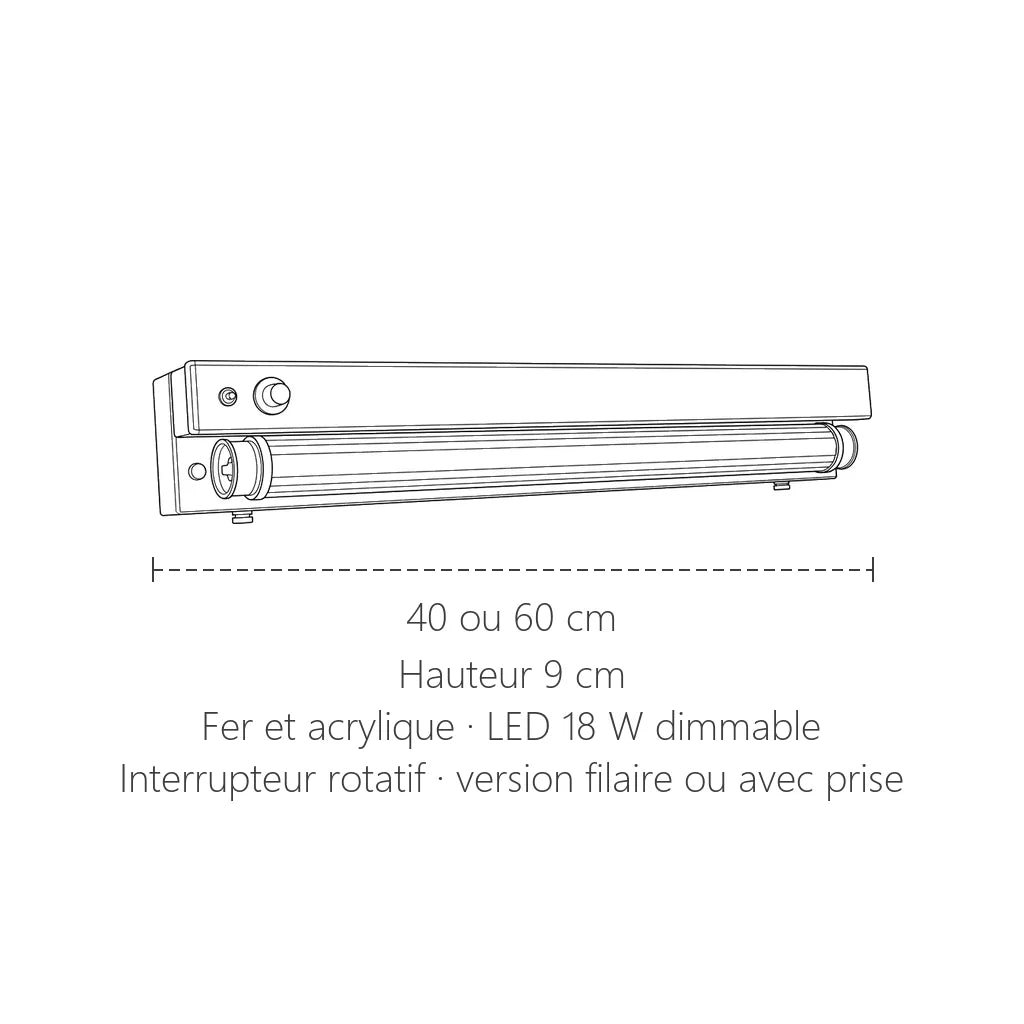 Dimensions de la réglette rétro : 40 ou 60 cm de long, 9 cm de haut