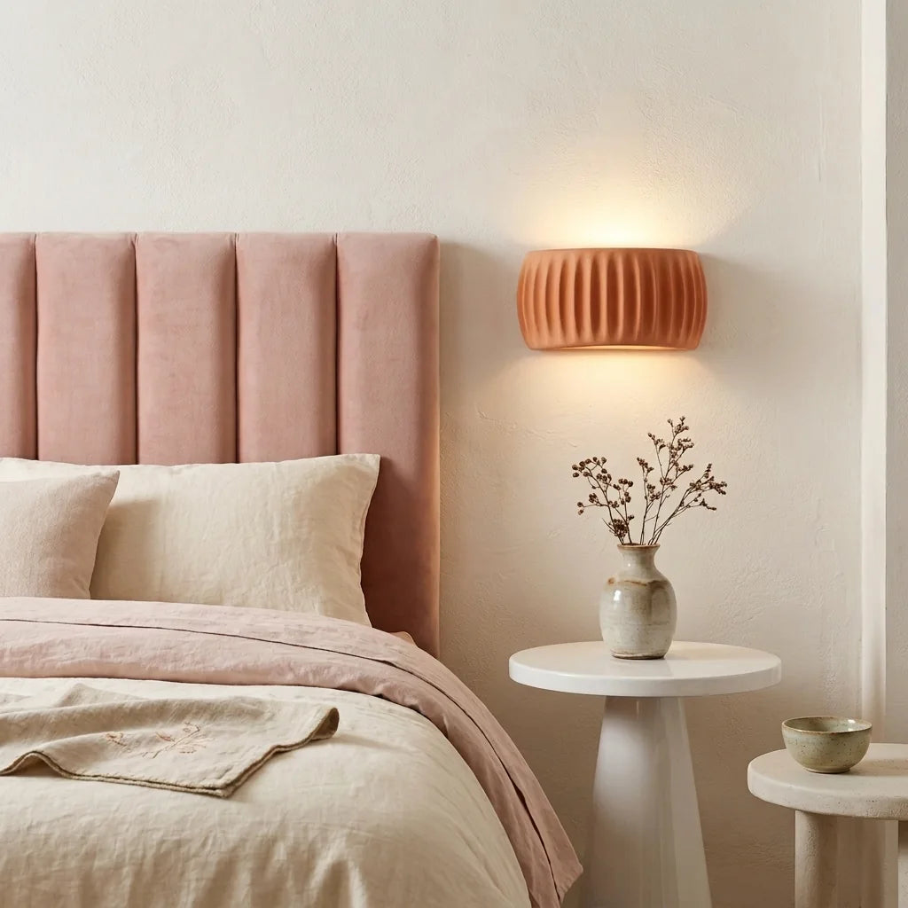 Applique cannelée terracotta à côté d'une tête de lit rose poudré