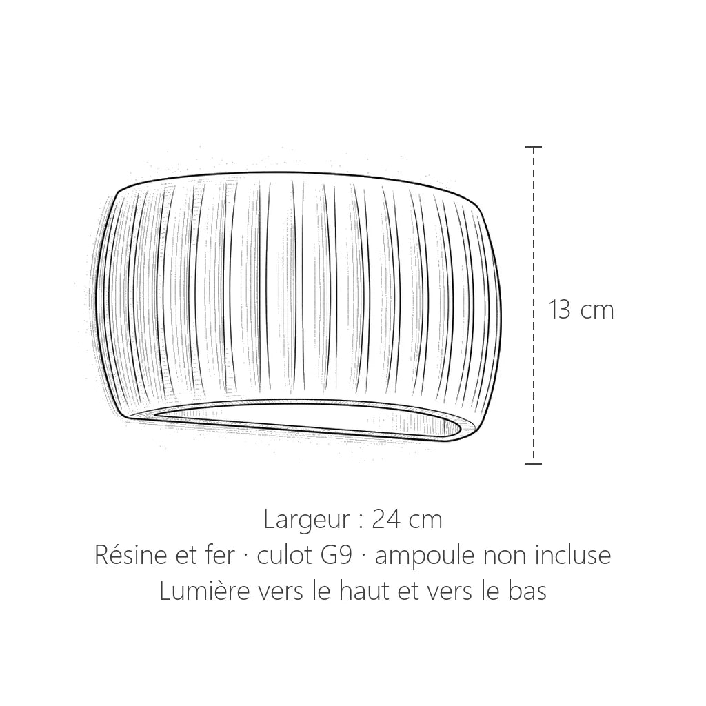 Dimensions de l'applique en résine cannelée : 24 cm de large, 13 cm de haut
