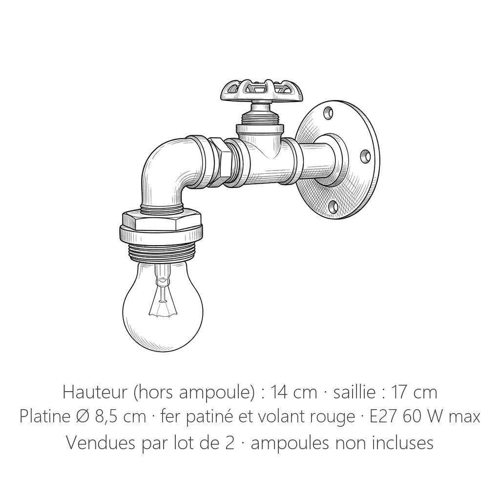 Dimensions de l'applique robinet : 14 cm de haut, 17 cm de saillie
