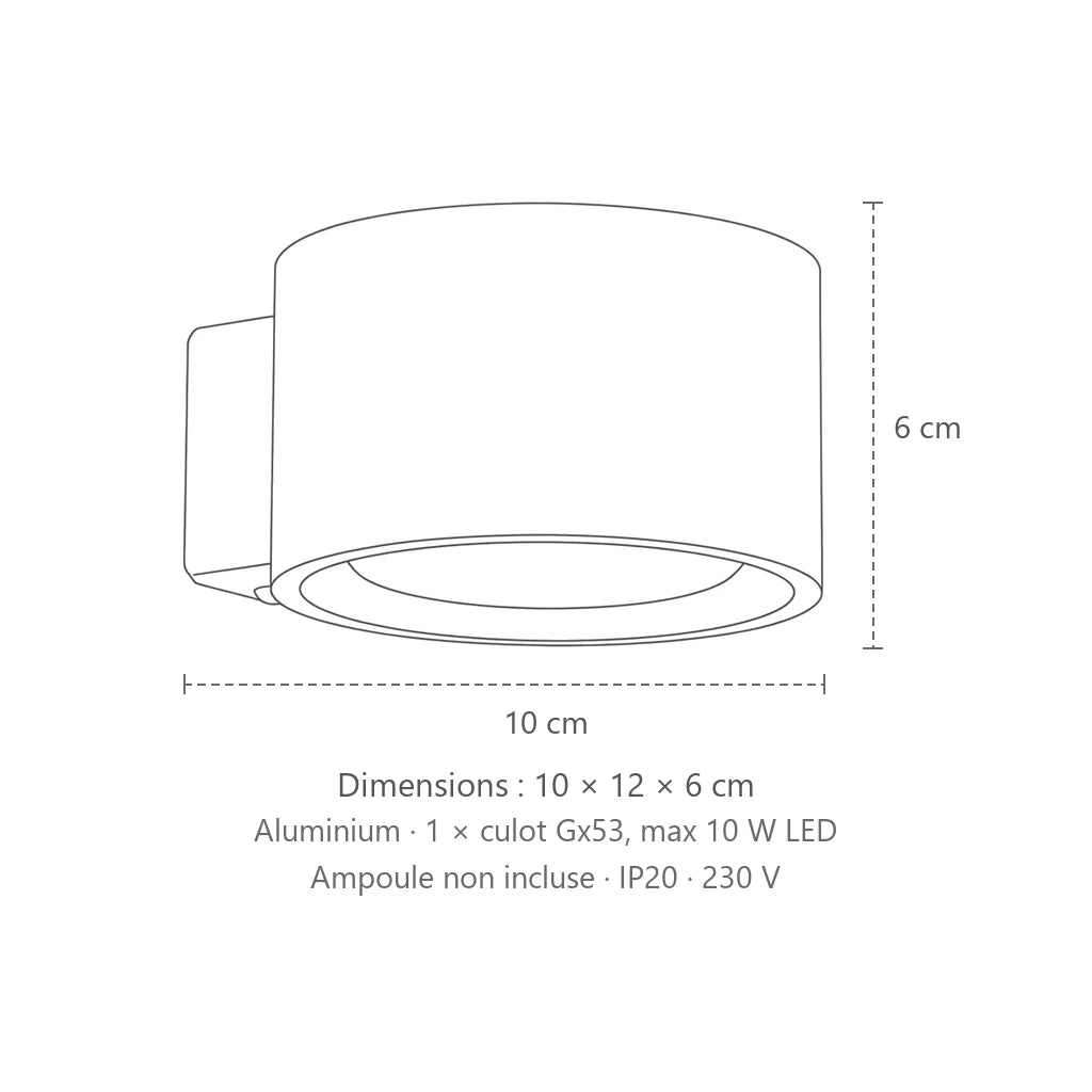 Dimensions : applique murale ronde extra-plate en aluminium, 10 × 12 × 6 cm