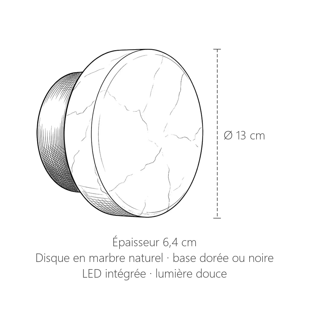 Dimensions de l'applique ronde en marbre : Ø 13 cm, 6,4 cm d'épaisseur