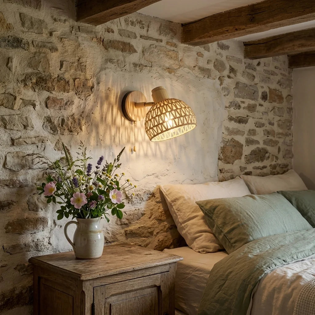 Applique en rotin sur un mur en pierre de chambre de ferme