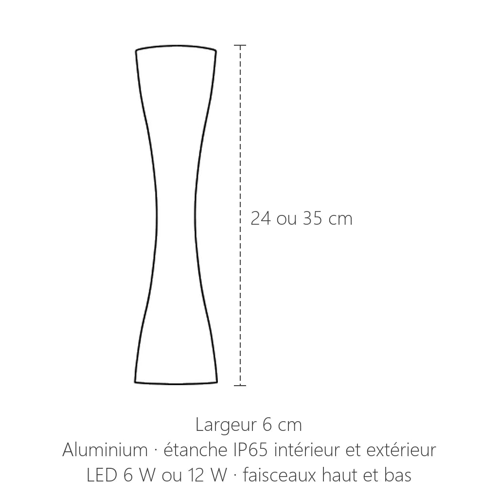 Dimensions de l'applique sablier IP65 : 24 ou 35 cm de haut, 6 cm de large