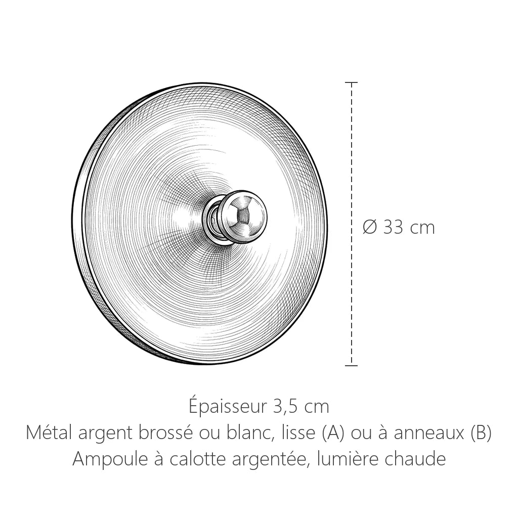 Dimensions de l'applique soucoupe : Ø 33 cm, épaisseur 3,5 cm