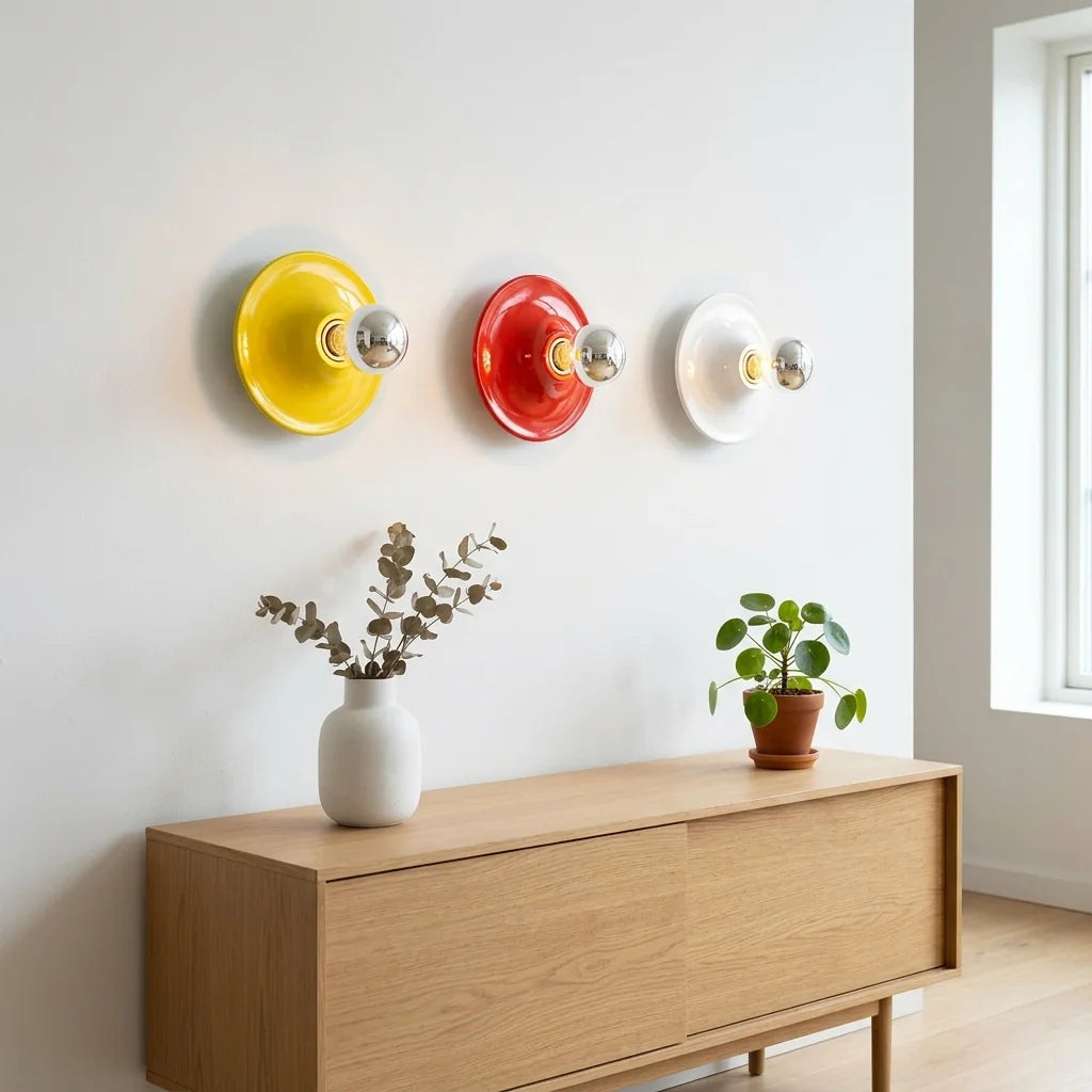 Trois appliques soucoupe jaune, rouge et blanche au-dessus d'un buffet en chêne