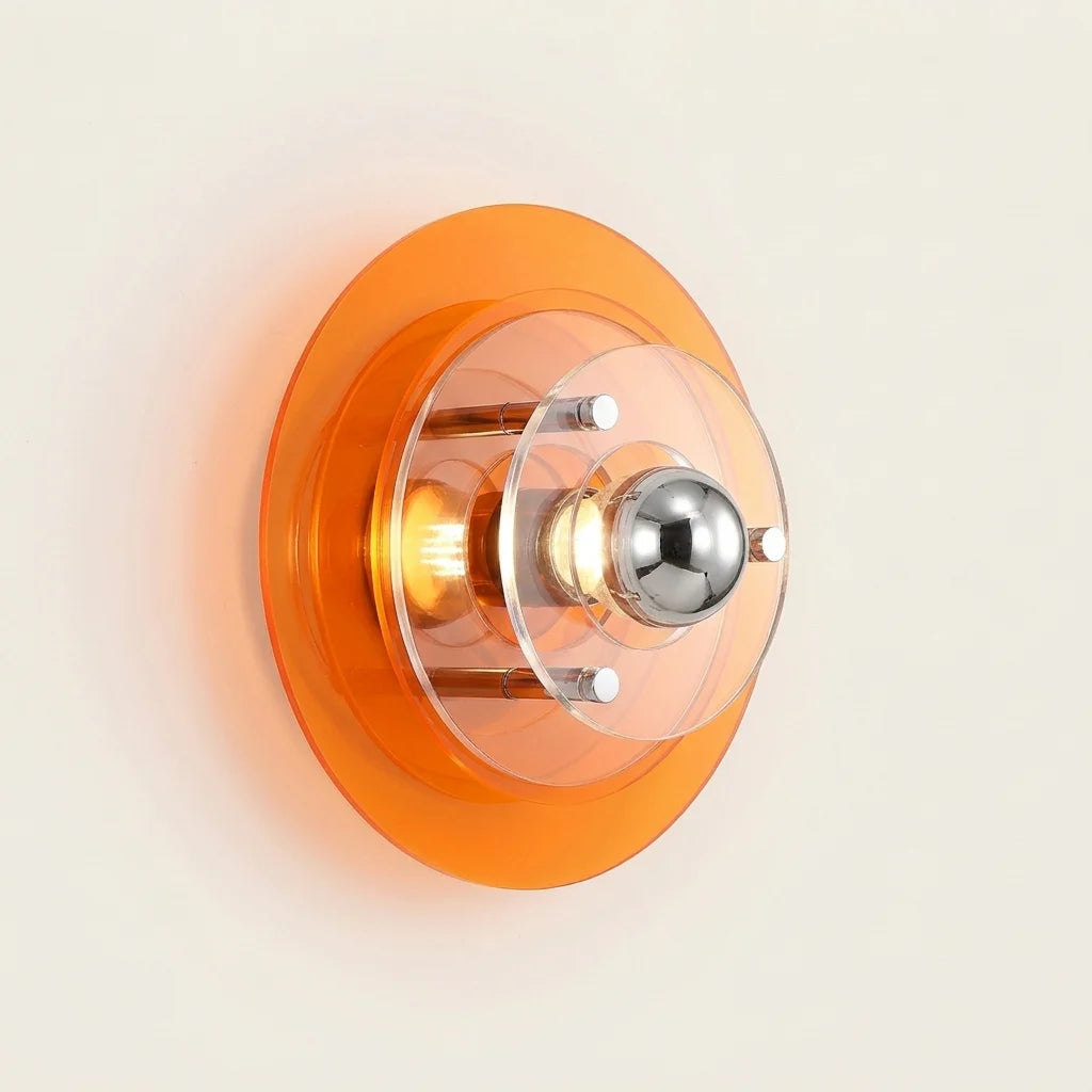 Applique murale soucoupe Bauhaus UFO, disque acrylique orange, allumée