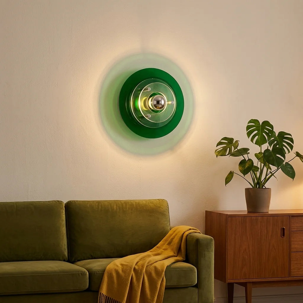 Applique soucoupe verte allumée au-dessus d'un canapé en velours olive