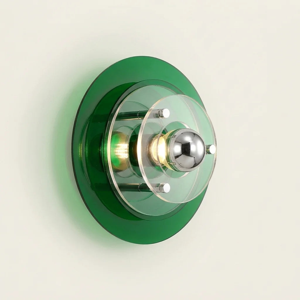 Applique murale soucoupe Bauhaus UFO, disque acrylique vert, allumée
