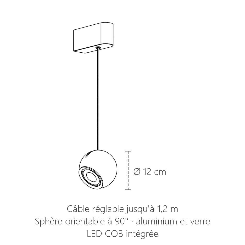 Dimensions de l'applique sphère : Ø 12 cm, câble jusqu'à 1,2 m