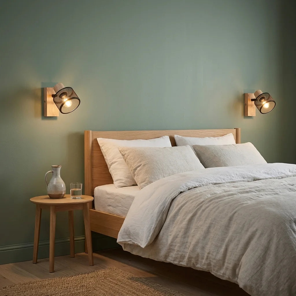 Deux appliques spot bois et grille de part et d'autre d'un lit, mur vert sauge
