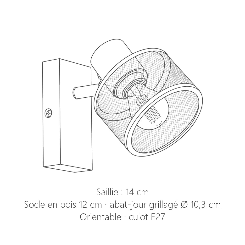 Dimensions de l'applique spot bois et métal : 14 cm de saillie, abat-jour Ø 10,3 cm