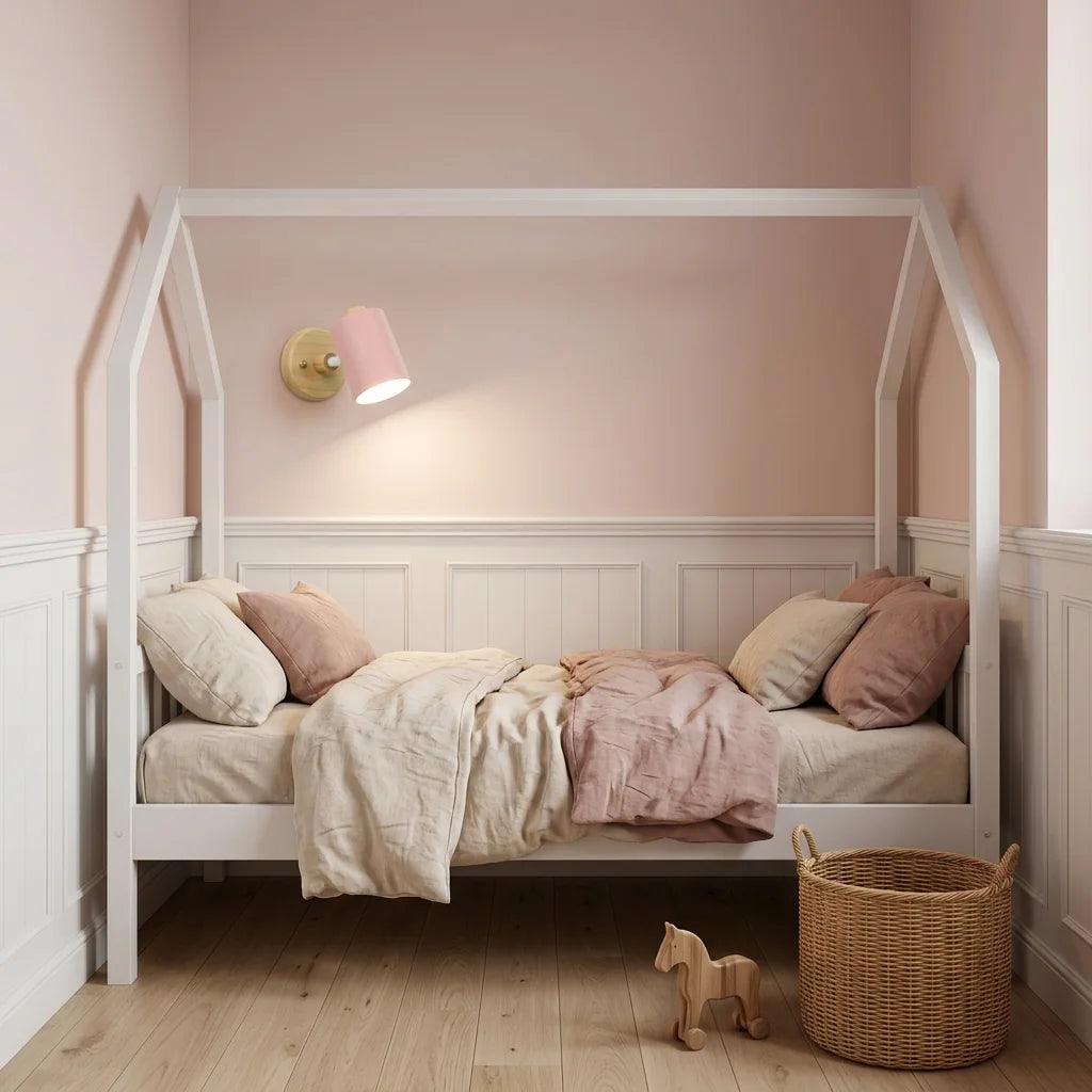 Applique spot rose pastel au-dessus d'un lit cabane de chambre d'enfant