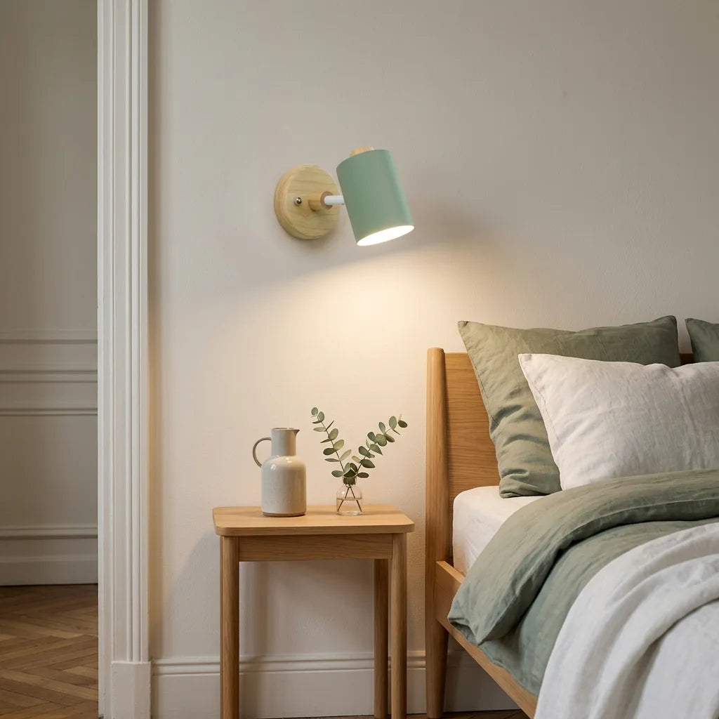 Applique spot vert sauge en liseuse au-dessus d'une table de chevet en chêne