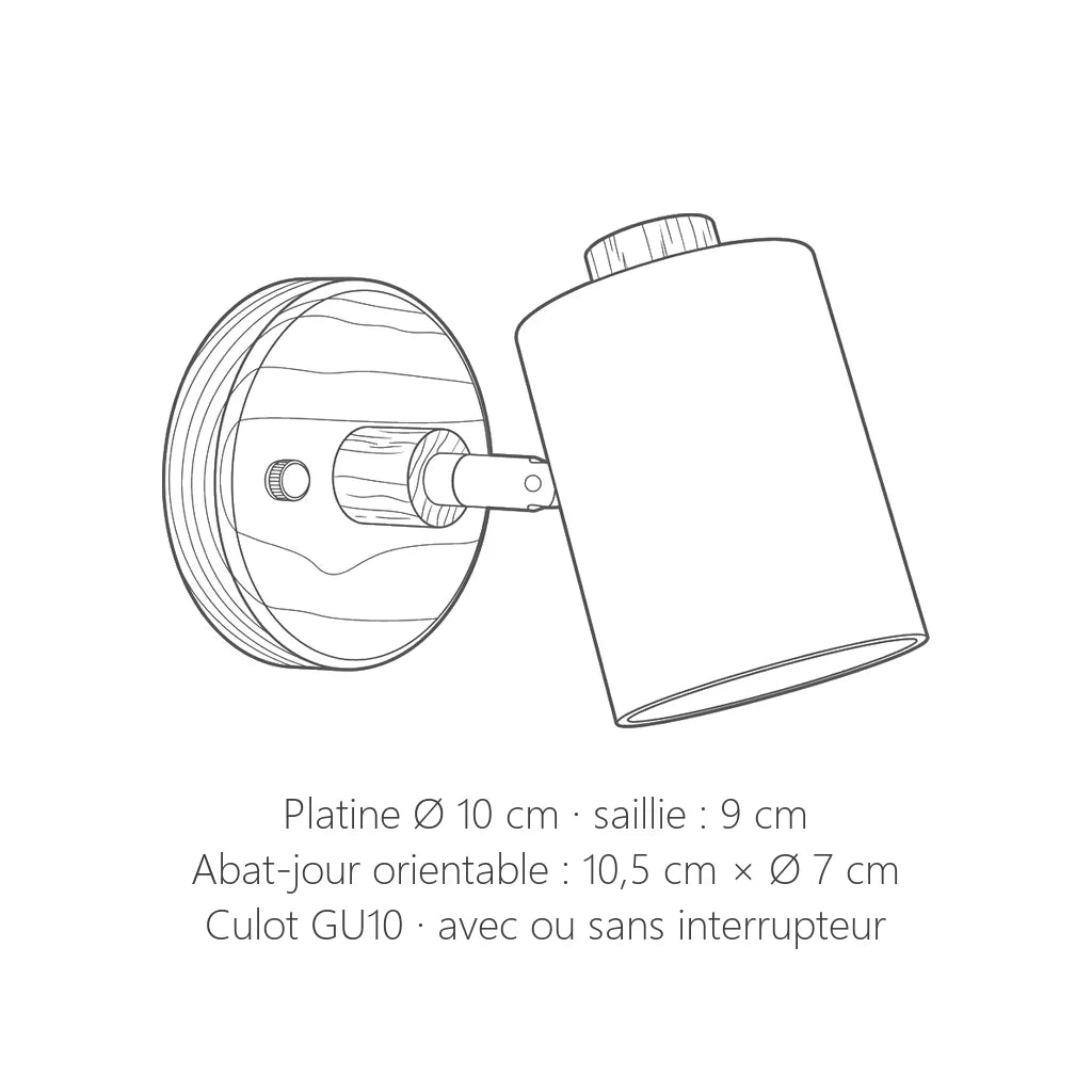 Dimensions de l'applique spot en bois : platine Ø 10 cm, saillie 9 cm
