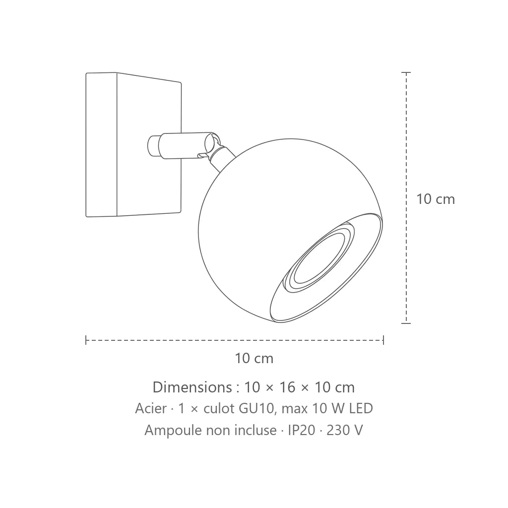 Dimensions : applique murale spot boule orientable, 10 × 16 × 10 cm