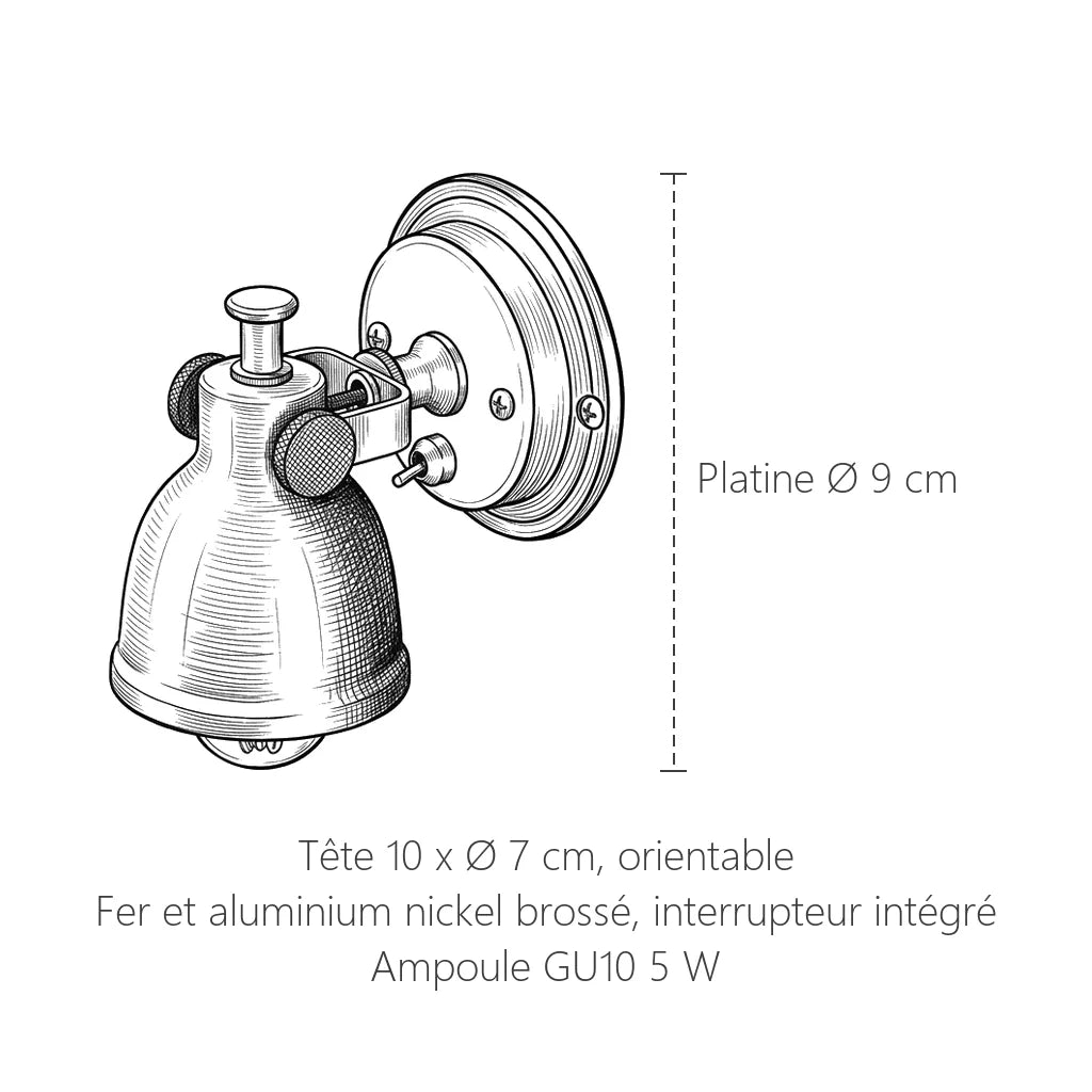 Dimensions de l'applique spot cloche : platine Ø 9 cm, tête 10 cm