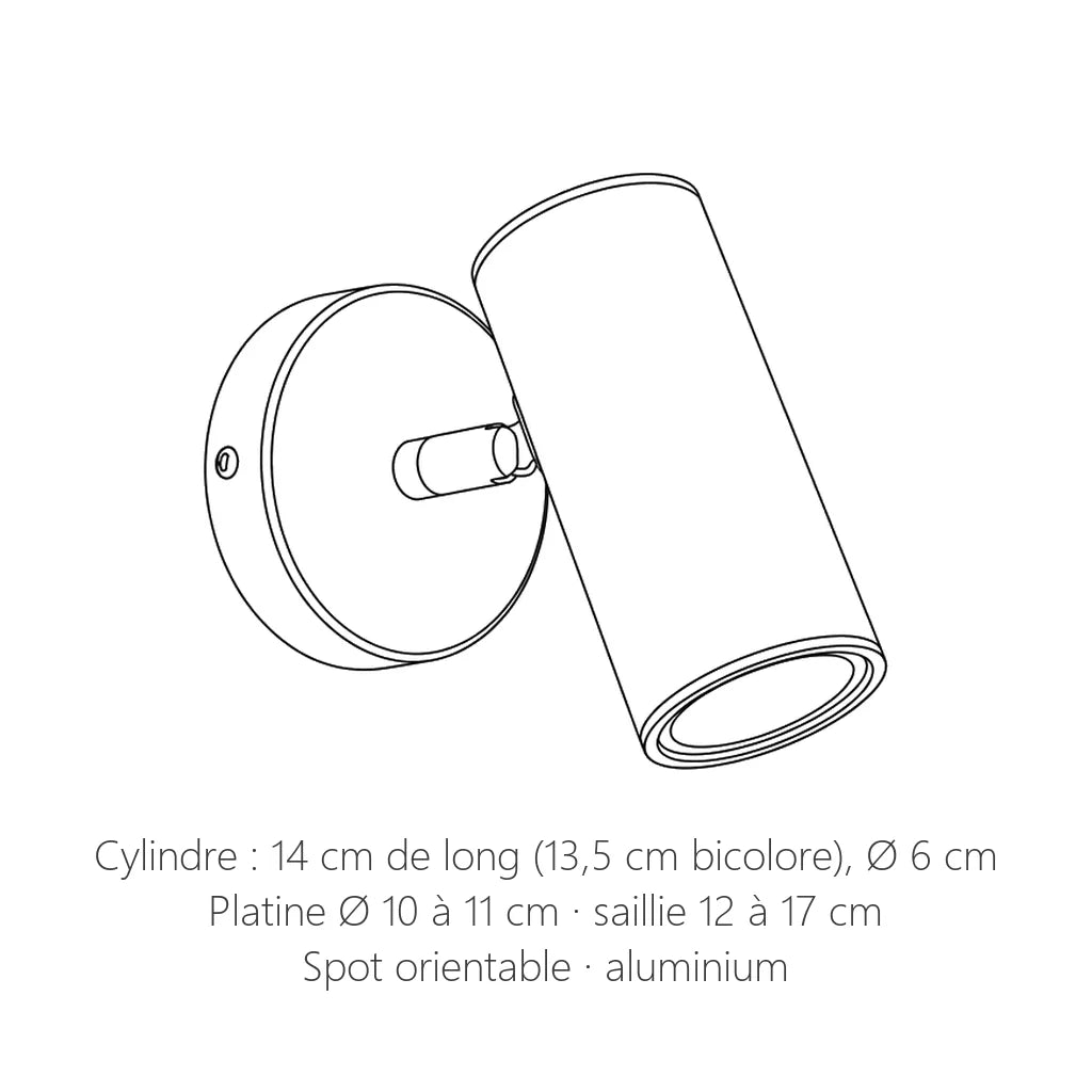 Dimensions du spot cylindre orientable : 14 cm de long, Ø 6 cm
