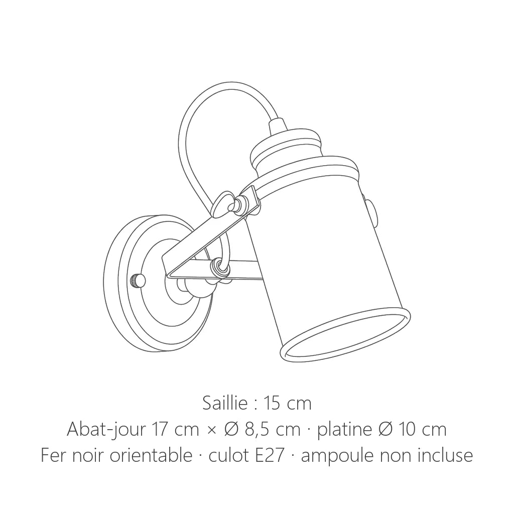Dimensions de l'applique spot industriel : 15 cm de saillie, abat-jour 17 cm