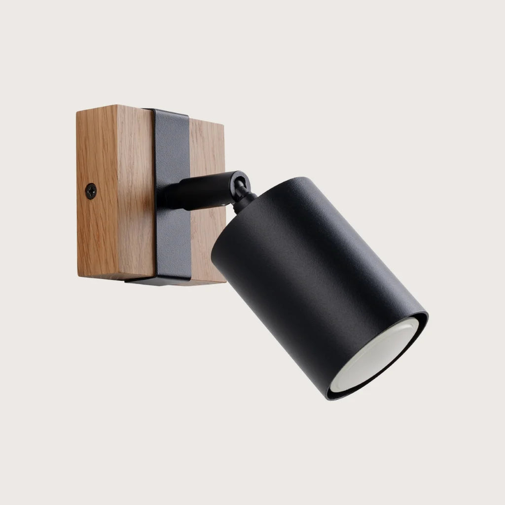 Applique murale spot noir sur platine en bois