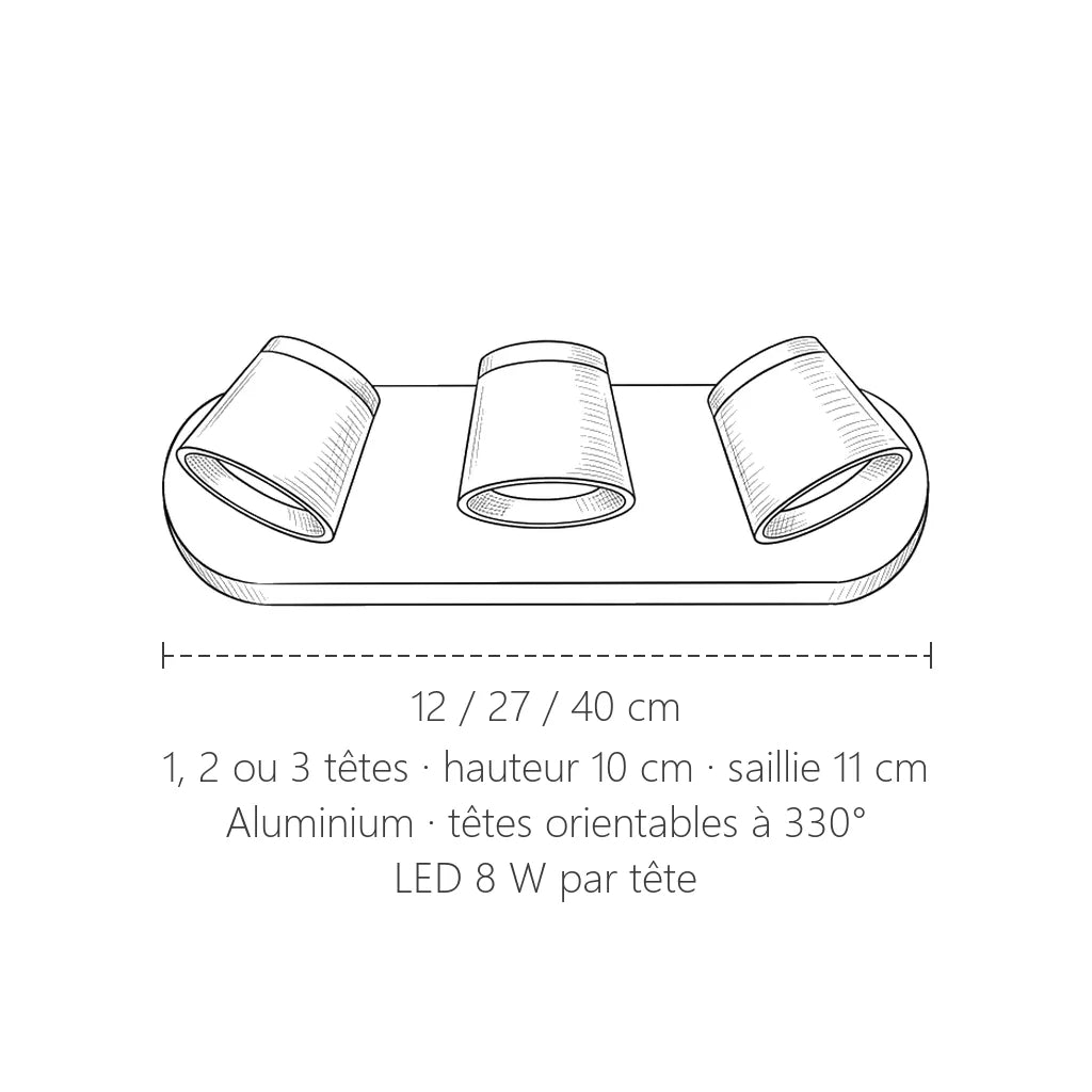Dimensions de l'applique orientable : 12, 27 ou 40 cm de long