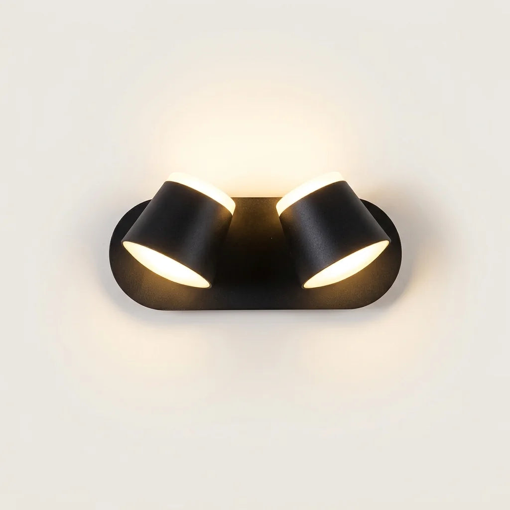Applique murale LED orientable noire à deux têtes, allumée